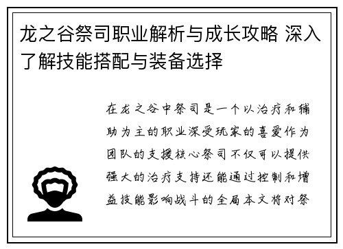 龙之谷祭司职业解析与成长攻略 深入了解技能搭配与装备选择