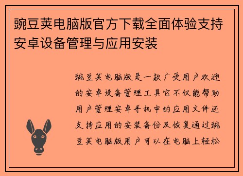 豌豆荚电脑版官方下载全面体验支持安卓设备管理与应用安装